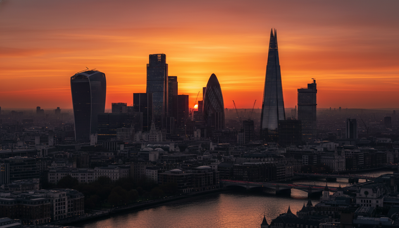 A wide-angle shot of the City of London financial district at sunset, with the Gherkin and Shard silhouettes against a warm orange sky, representing the scale of British banking.