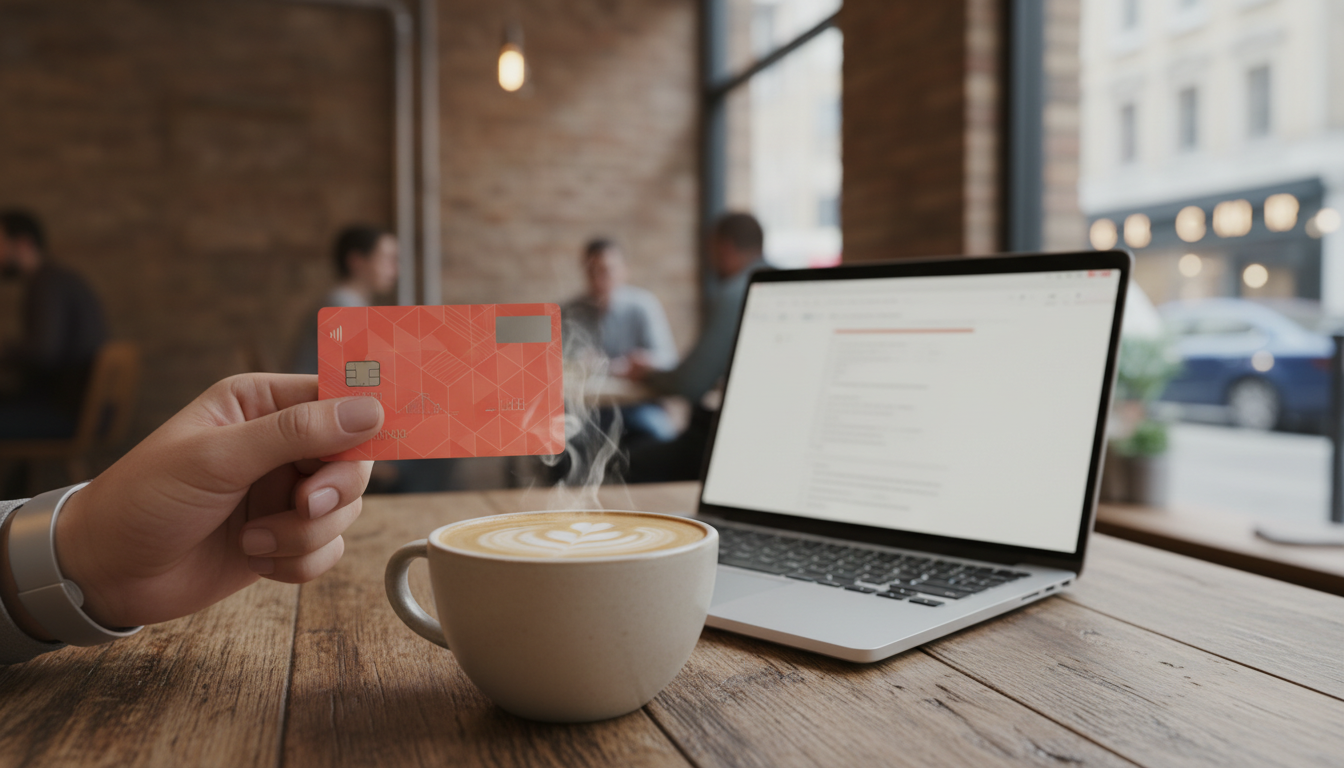 A close-up of a modern, vibrant coral-colored debit card held by a young professional in a London cafe, with a laptop and a steaming latte on the wooden table.