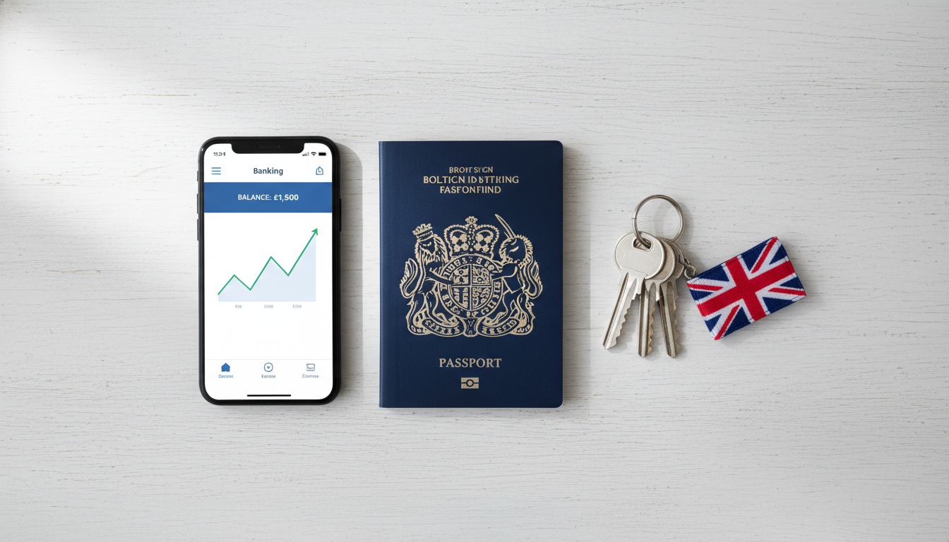 A clean, minimalist flat-lay of a British passport, a set of house keys with a Union Jack keychain, and a smartphone displaying a banking app interface with a rising graph.