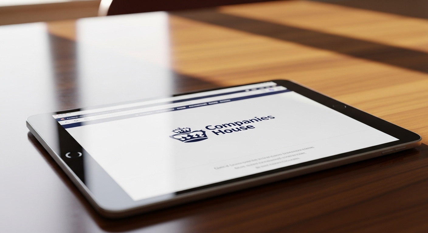 A close-up of a digital tablet showing the UK Companies House website logo on a sleek wooden desk.