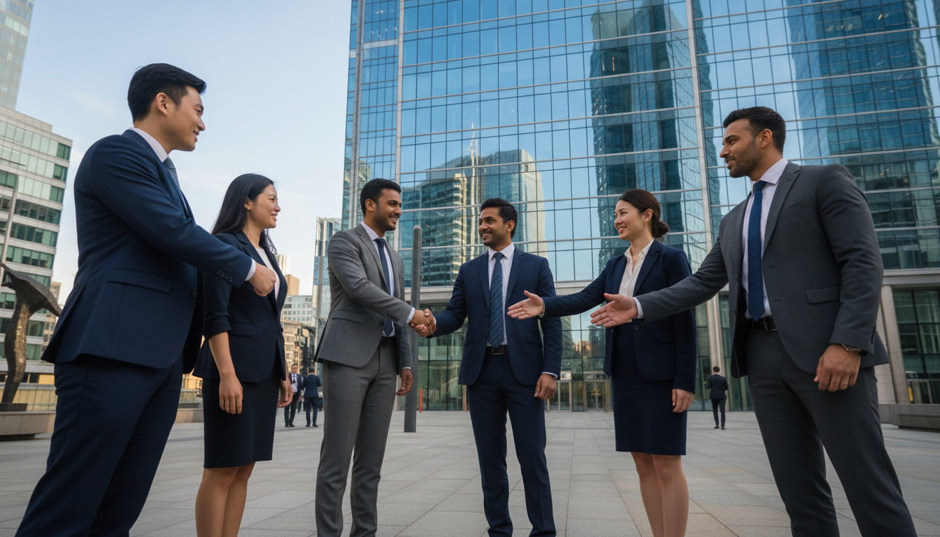 A diverse group of business professionals shaking hands in front of a modern glass office building in Canary Wharf.