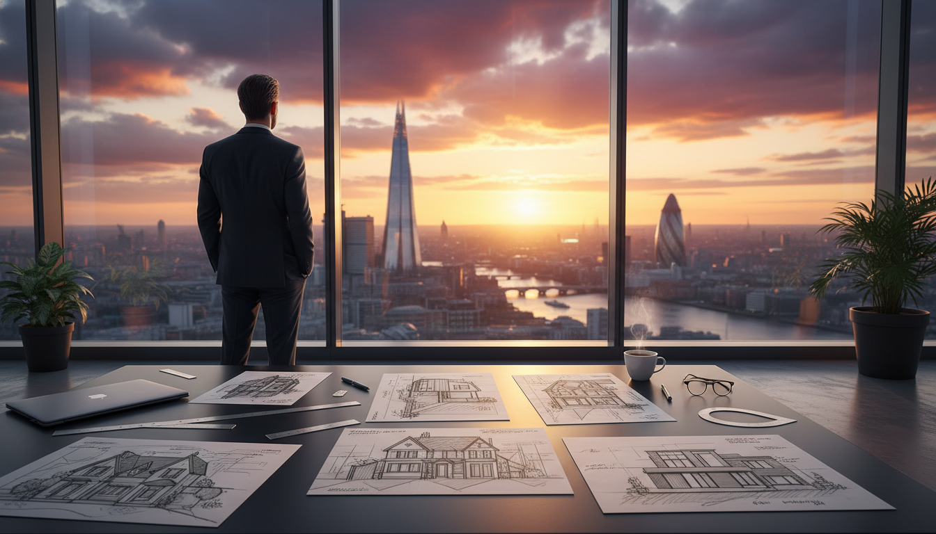 A professional person looking out from a high-rise office window at the London skyline, including the Shard and the Gherkin, during sunset, with architectural sketches of houses on a nearby desk.