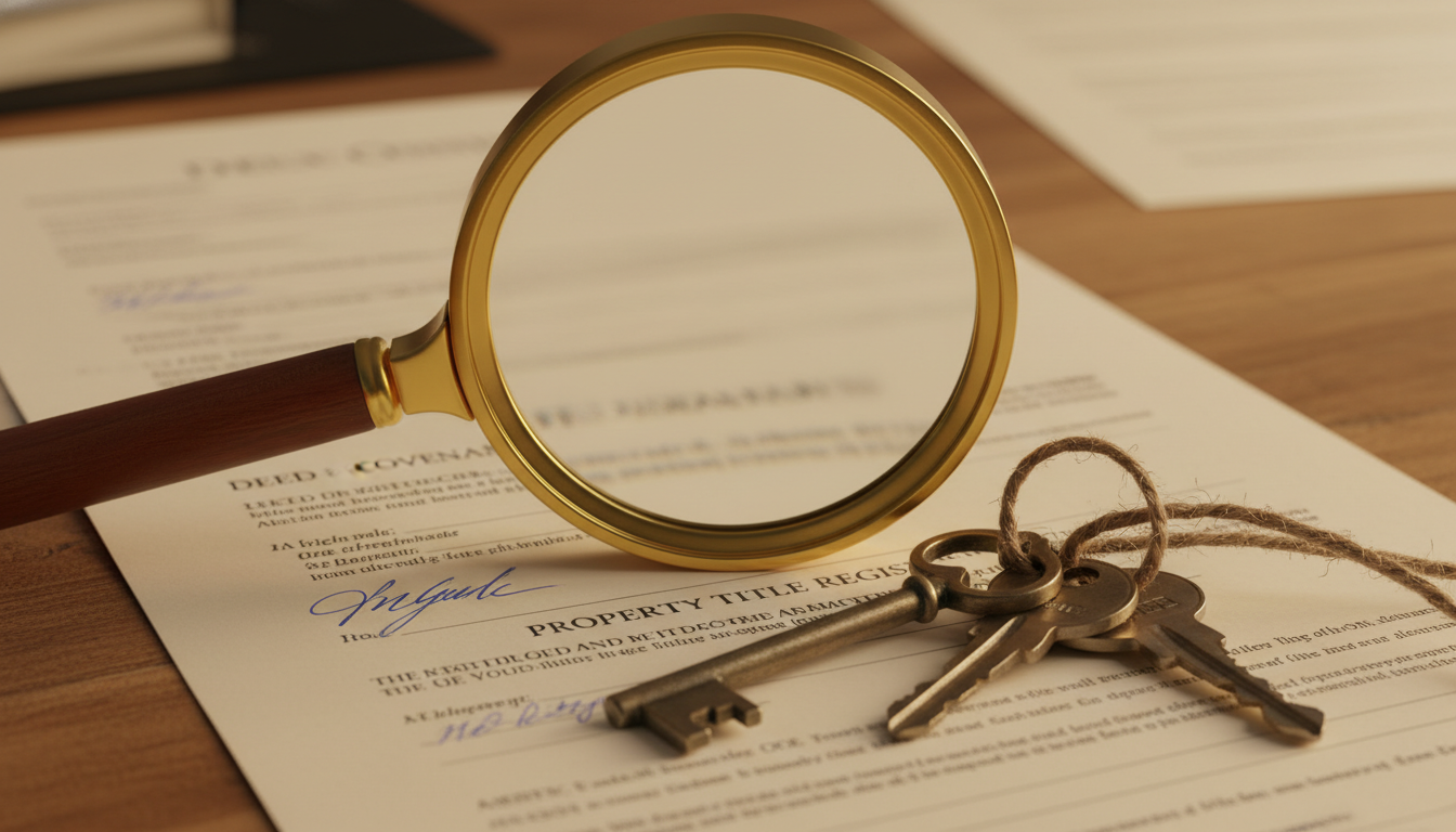 A close-up of a magnifying glass over a UK property contract and a set of keys, symbolizing careful investigation and successful acquisition, warm lighting.