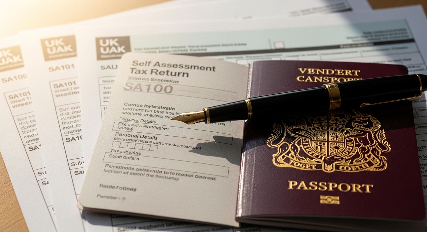 A close-up of a British passport resting on a pile of UK tax forms and a classic fountain pen, soft morning light.