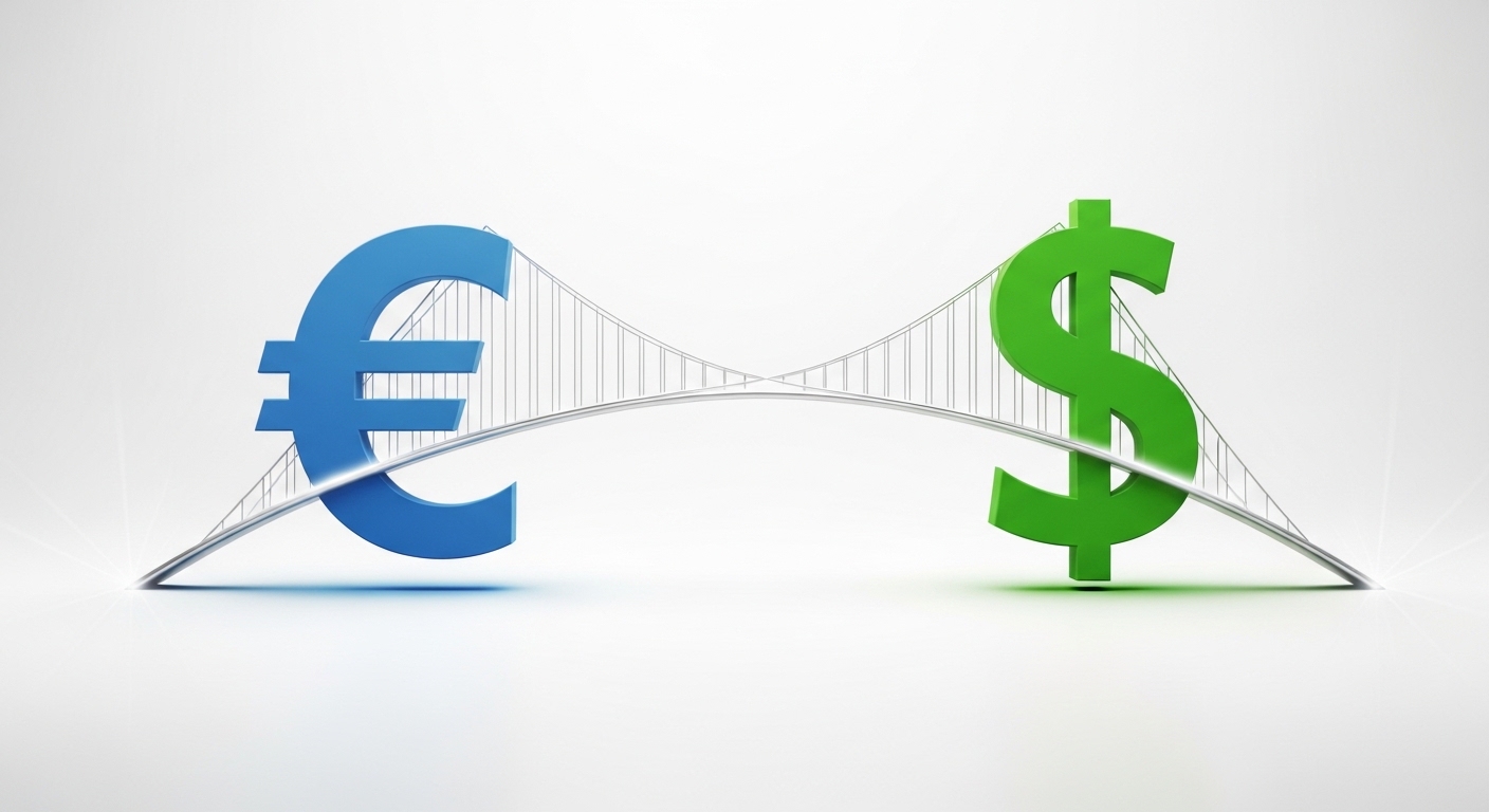 A conceptual illustration of a bridge connecting two different currency symbols, representing international wealth transfer, minimalist style.