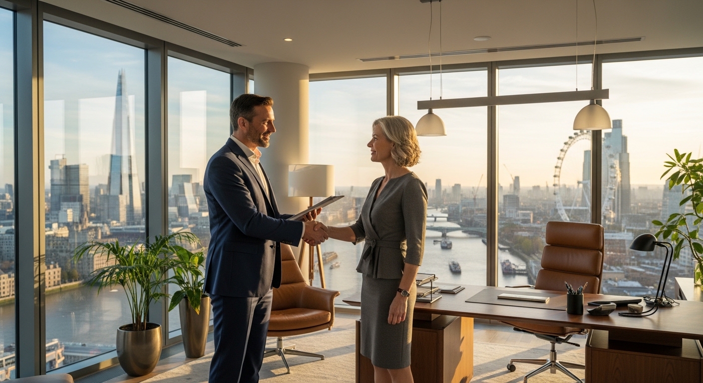 A professional consultant shaking hands with a client in a high-end office overlooking the Thames, professional and reassuring atmosphere.