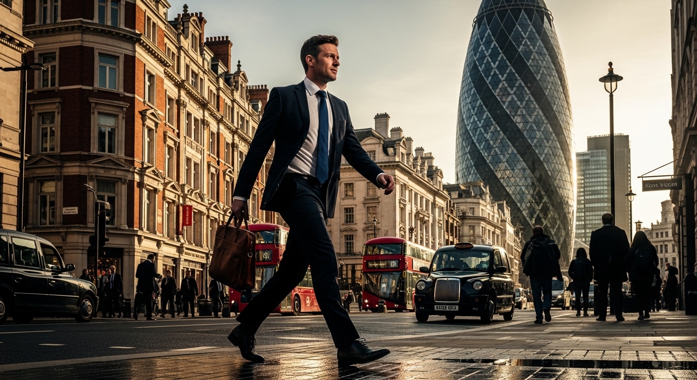 A professional businessman in a sleek suit walking through the busy streets of the City of London, with the iconic Gherkin building and historic architecture in the background, high resolution, cinematic lighting.