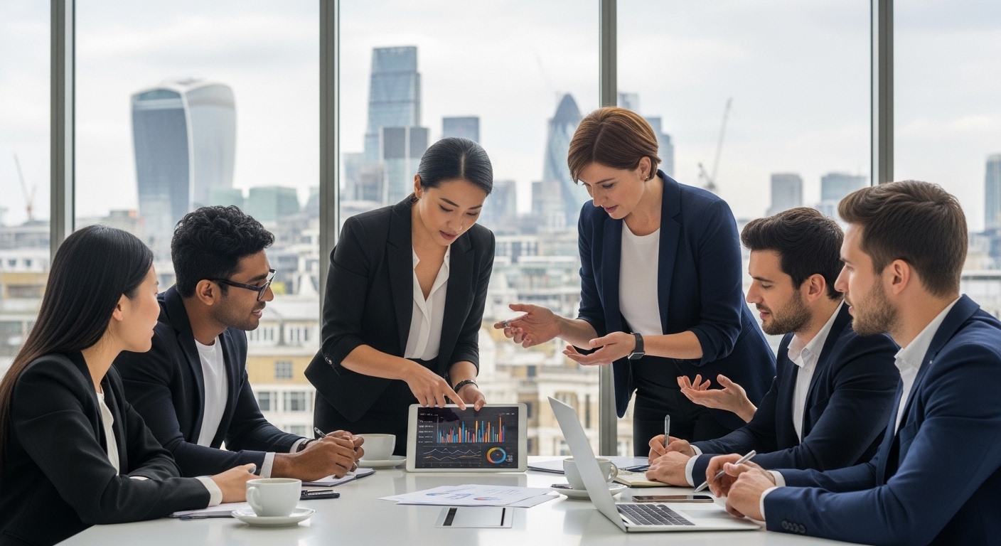 A diverse group of young entrepreneurs in a modern, glass-walled co-working space in Shoreditch, London, discussing a business plan with digital charts and the London skyline visible through the window, photorealistic style.