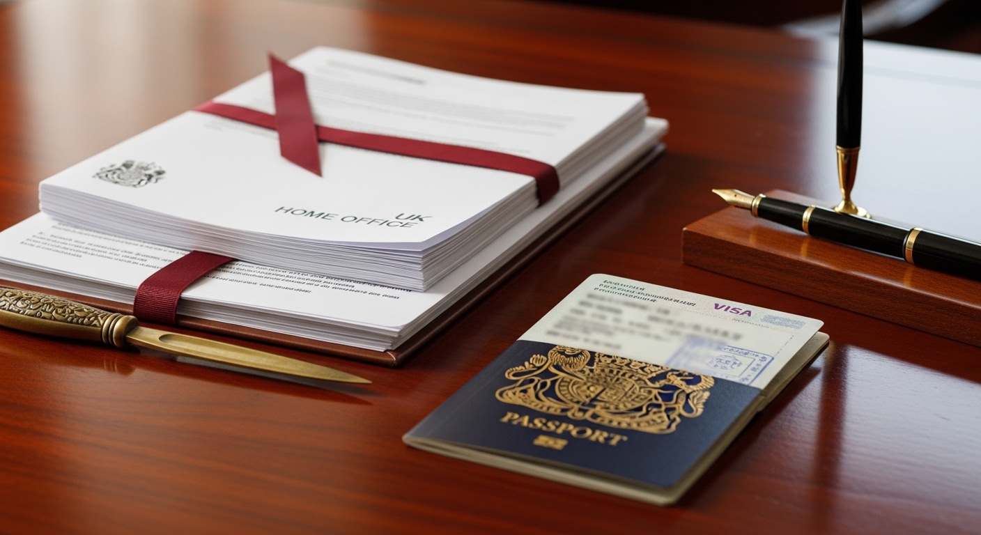 A close-up shot of a mahogany desk featuring a British passport, a fountain pen, and a neatly organized stack of legal documents with the UK Home Office logo visible, soft morning light hitting the desk.
