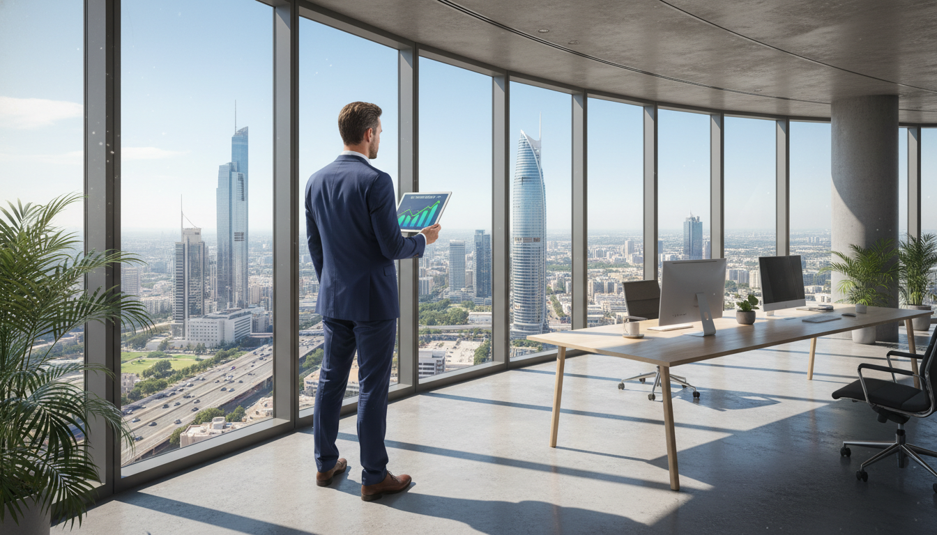 A wide-angle shot of a modern, sun-drenched office in Dubai or Singapore, showing a British professional looking out over a sprawling city skyline while holding a tablet displaying financial growth charts.