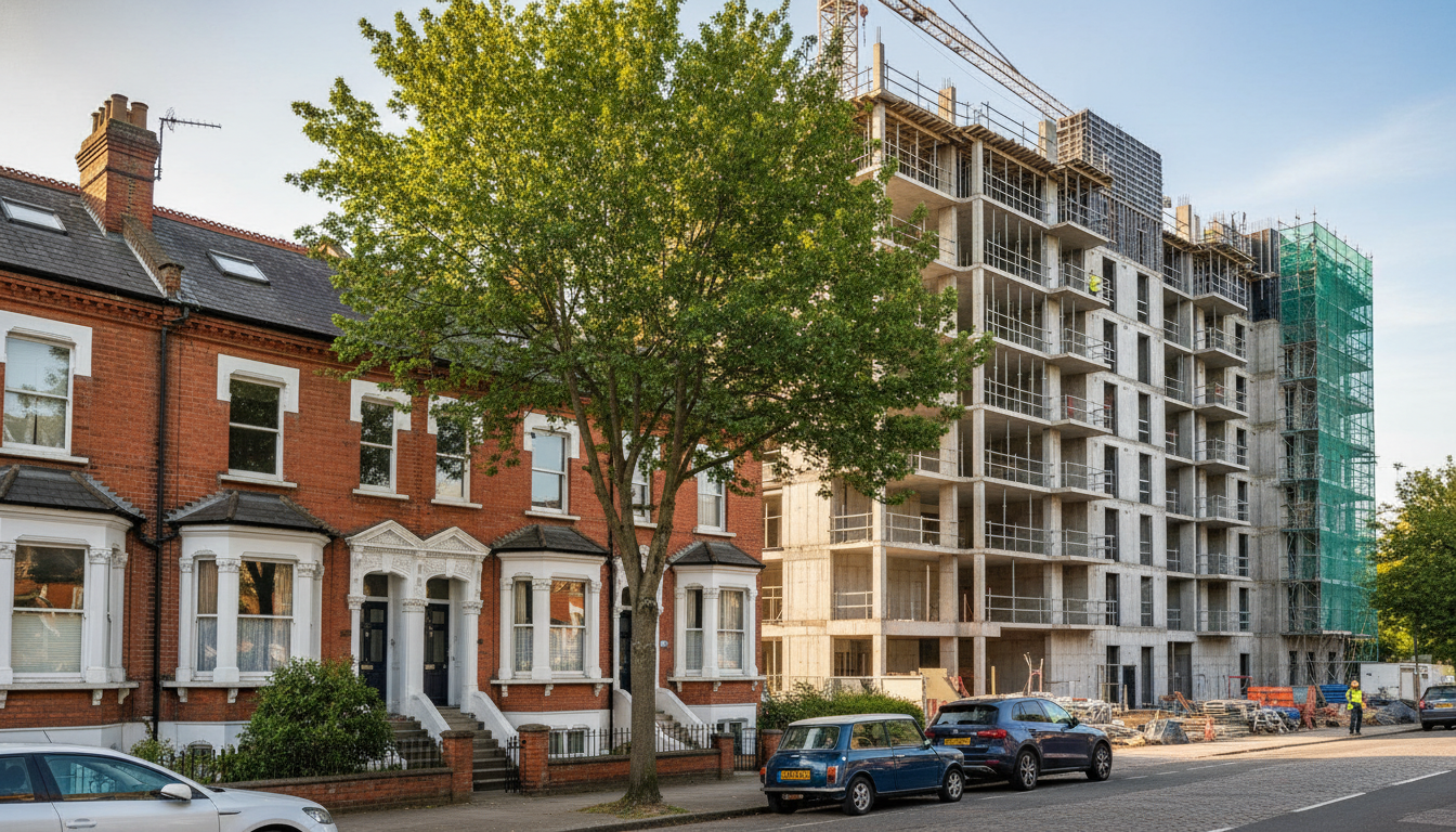 A high-quality photograph of a classic red-brick Victorian terrace house in a leafy UK suburb, juxtaposed with a modern apartment building under construction nearby.
