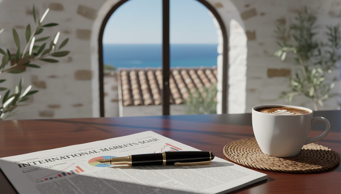 A close-up of a professional desk featuring a high-end fountain pen, a financial newspaper with International Markets visible, and a cup of coffee on a wooden table in a Mediterranean setting.